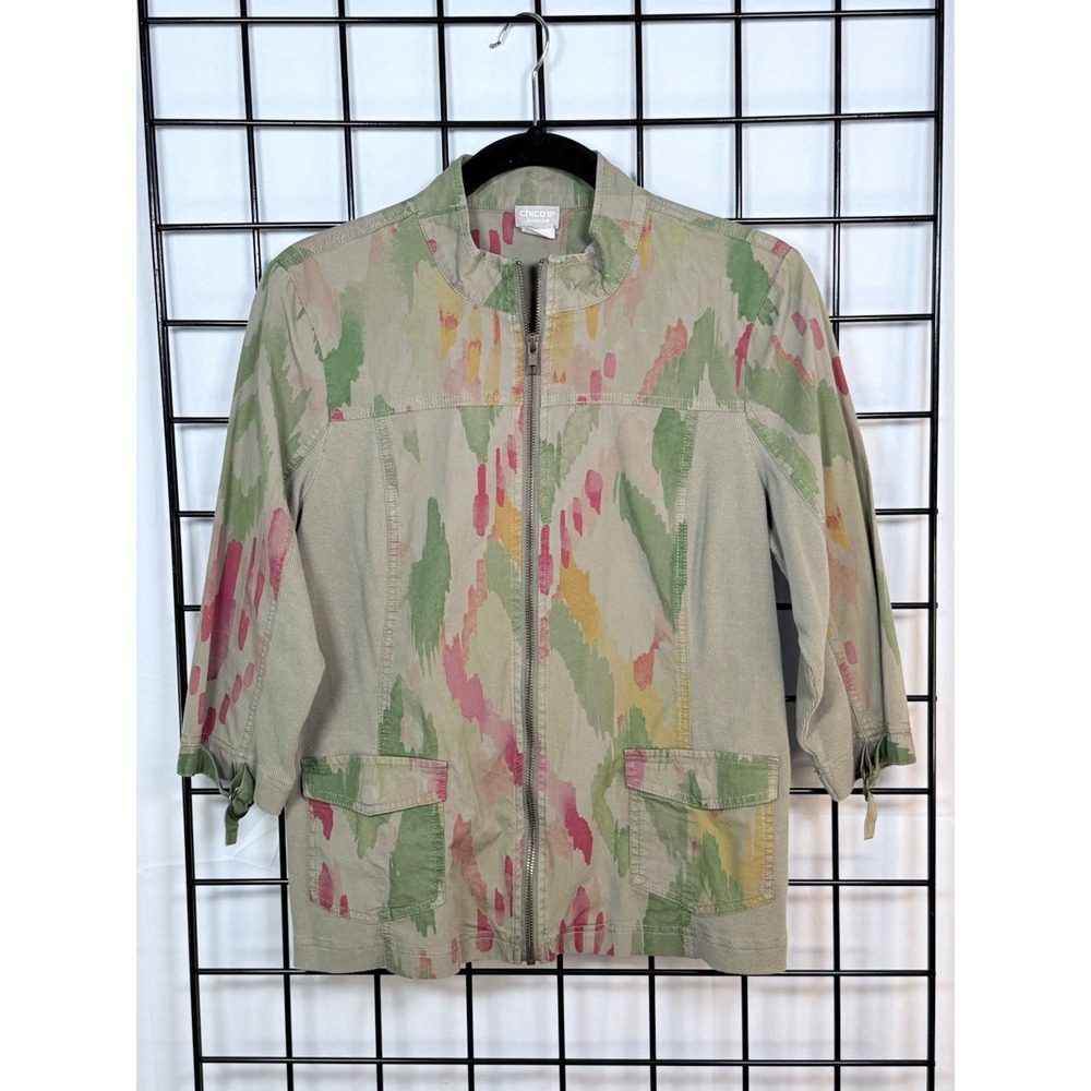 Chico's Zenergy iKat Utility Zip Up Jacket Womens 1P (MP) Green Lightweight Boho
